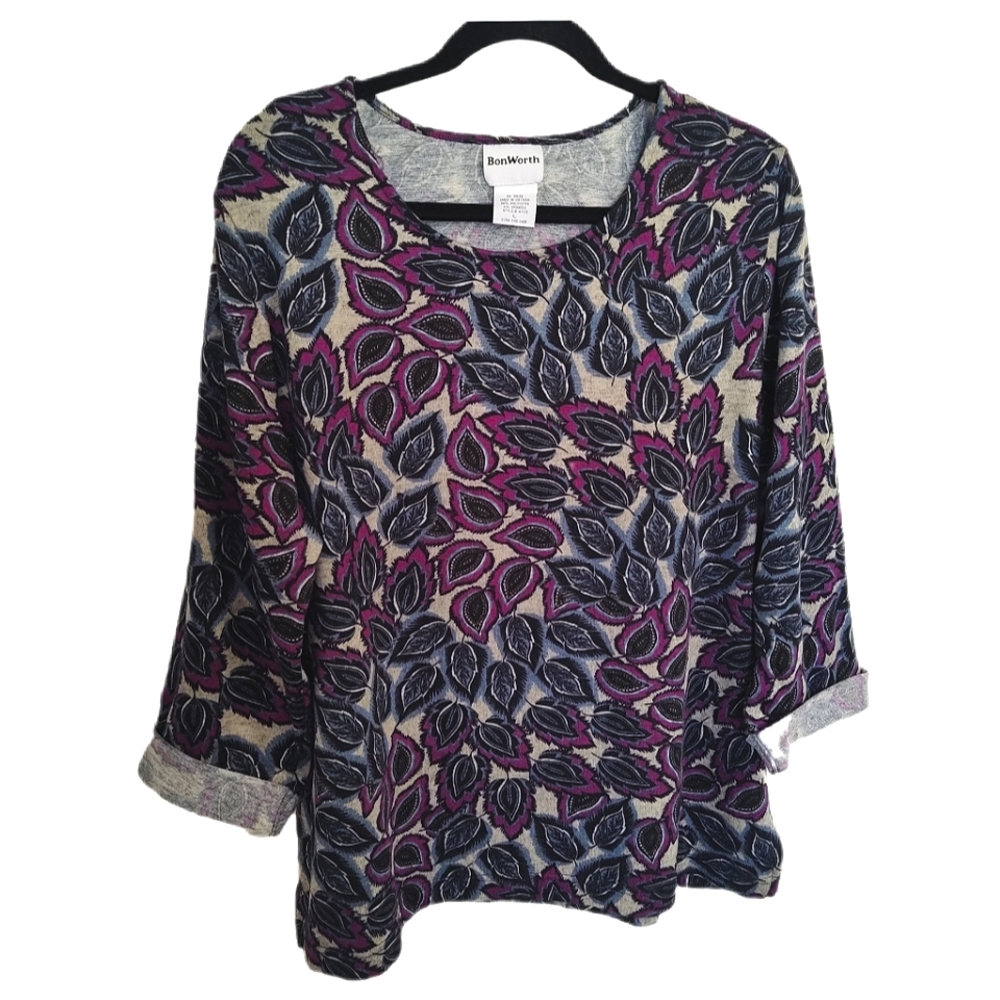 BonWorth Womens Plus Large Gray Purple Blue Leaf 3/4 Sleeve Top Stretch Fall